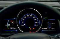 ハイブリッドモデル専用「マルチインフォメーションディスプレイ」のアップ。右側には、回転計を表示することも可能。
    