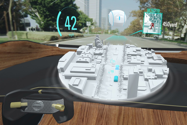 日産自動車が2019年のCESで発表した未来技術「Invisible-to-Visible」。VR技術を用いた「見えないものを可視化」する運転支援システムで、周辺情報の収集には、車載のセンサーはもちろん、クラウド上のデータも用いることとなっている。