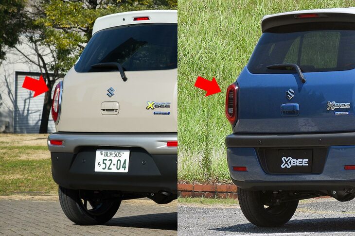 矢印付近の、ボディーのアウトラインに注目。改良後のモデルでは、角張ったリアコンビランプのレンズ形状により、リアクオーターから見た際のシルエットがカクカクしたものに変化している。（写真左：向後一宏）