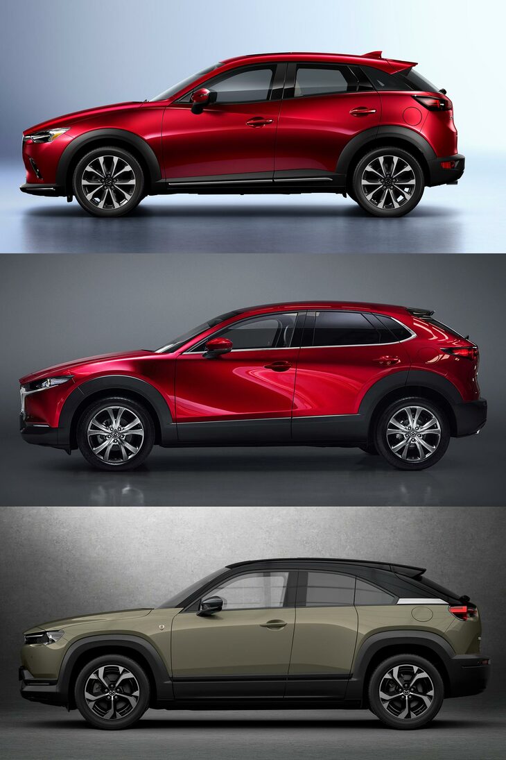 上から「CX-3」「CX-30」「MX-30」。ジャンル的には同じ“コンパクトクロスオーバー”の枠でくくられる3台だが、こうして見ると、ボディーパネルの表情や、ルーフラインのピークの位置などが、随分異なっている。
