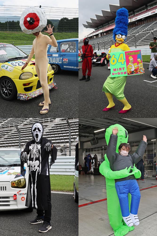 こちらも仮装のみなさん。K4-GPでは、仮装は単なる遊びではない。規則書に「スタート要員はサーキットにふさわしくない仮装をすること。仮装もコンテストですので、仮装を軽んじるチームは場合によっては参加をお断りいたします」と明記されているのだ。