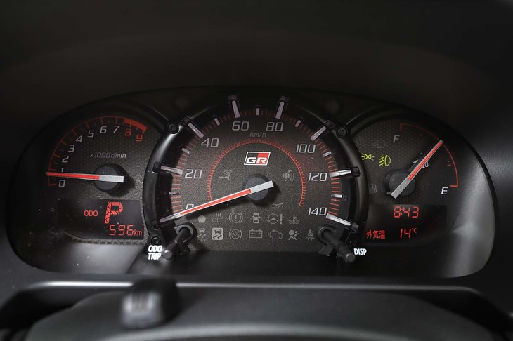 メーターパネルのレイアウトは他の「コペン」シリーズと同じながら、中央の速度計の盤面に「GR」ロゴがあしらわれる。