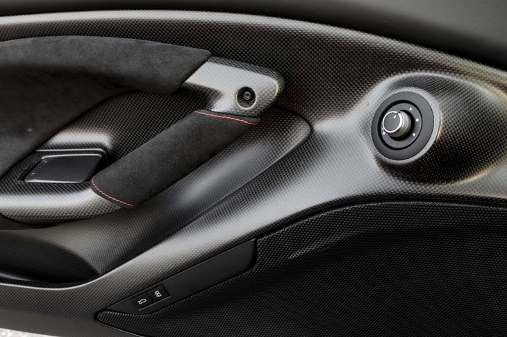 軽量・高剛性なカーボン材で仕上げられたドアのインナーパネル。下方には、フューエルリッドやフロントボンネットの解除ボタンも見られる。