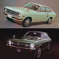 「ダットサン・サニー1200クーペ」（上）と「サニー エクセレント1400クーペ」（下）。このアングルでは分かりにくいが、エクセレントはロングノーズ化されている。