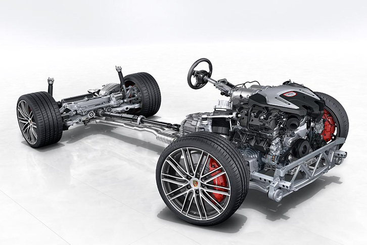 新型「パナメーラ ターボ」のランニングシャシー。