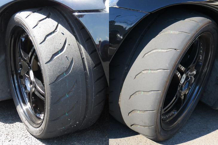 フロントに装着された「R888R」の図。右と左でトレッドパターンが逆向きになっているのが、お分かりいただけるだろう。その筋の人いわく「サーキット用タイヤではありがちなこと」らしいが、これで雨の日も普通に走れるんだから不思議である。