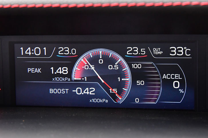 インパネ上部のマルチファンクションディスプレイ（5.9インチカラー液晶）に車両のさまざまな情報が表示される。写真はターボのブースト圧表示画面。