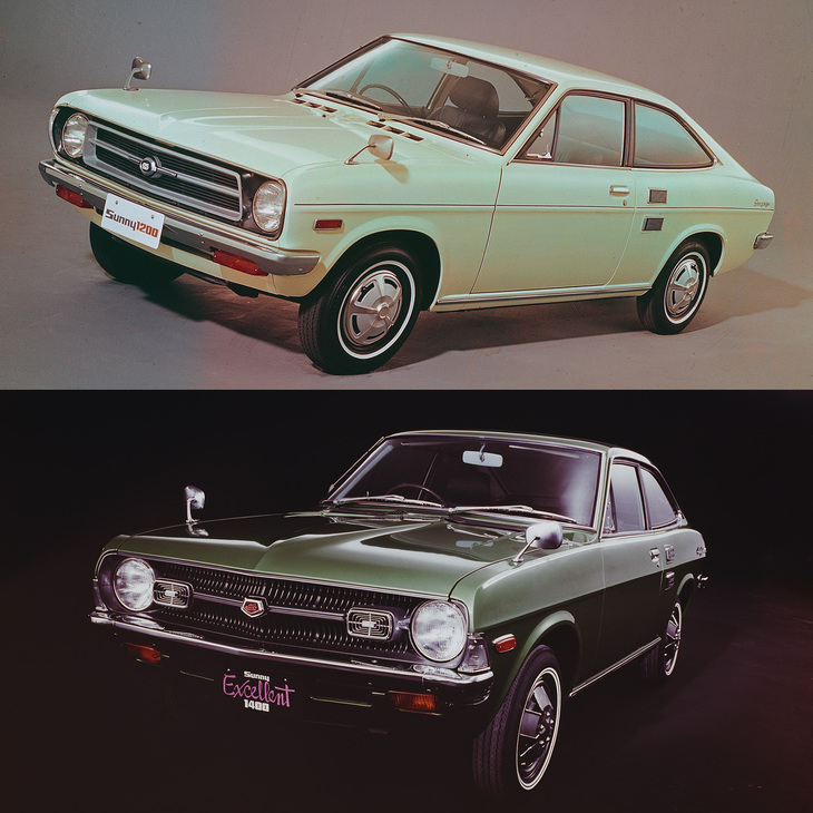 「ダットサン・サニー1200クーペ」（上）と「サニー エクセレント1400クーペ」（下）。このアングルでは分かりにくいが、エクセレントはロングノーズ化されている。