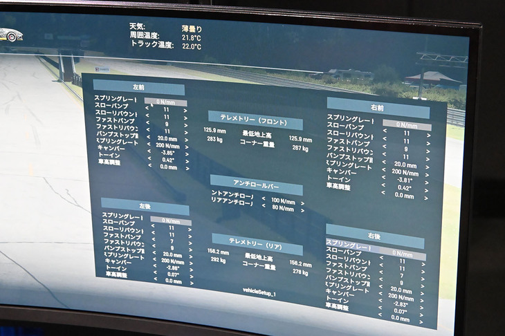 セッティング画面その3。足まわりは角輪ごとに設定を変えられる。