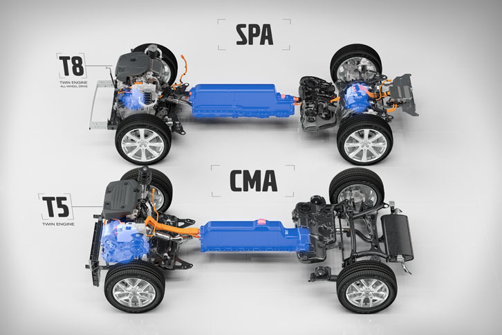 FFのプラグインハイブリッドモデル「T5ツインエンジン」のランニングシャシー（下）。直3ガソリンエンジンに、電気モーターを直結した7段DCTを組み合わせる。