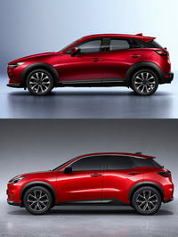 「マツダCX-3」（上）と「レクサスLBX」（下）のサイドビュー。ルーフラインやCピラーの処理、やや立ち気味のAピラーなど、両車のデザインには共通する部分が少なくない。