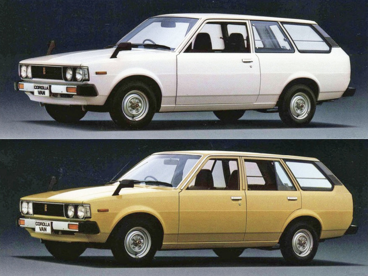 4代目「トヨタ・カローラ」の3ドアバンと5ドアバン。後に5ドアバンのボディーを流用したワゴンが登場、追ってワゴンはミドルルーフの専用ボディーとなった。