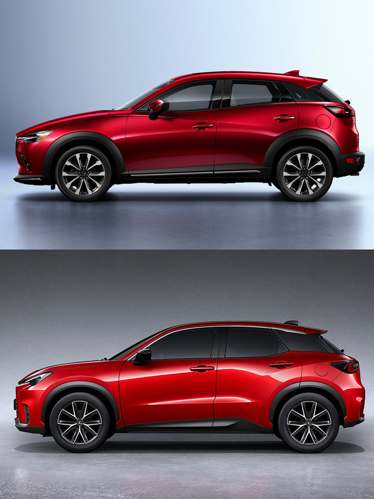 「マツダCX-3」（上）と「レクサスLBX」（下）のサイドビュー。ルーフラインやCピラーの処理、やや立ち気味のAピラーなど、両車のデザインには共通する部分が少なくない。