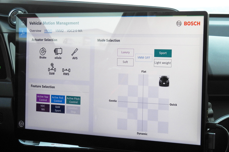ドライブモードを選択、調整するタッチスクリーン。右上部の「Luxury」「Soft」「Sport」「Light weight」のボタンでモードを選択できるほか、その下のマトリックスをタッチすると、触れられたマスに応じて、より細かく車両の特性が切り替わる。マトリックスは、縦軸がロール／ピッチといった車両挙動の大きさ、横軸がヨーレートの大きさだ。