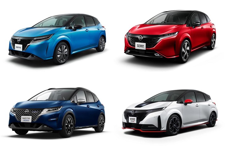 「日本カー・オブ・ザ・イヤー2021-2022」を受賞した「日産ノート」シリーズ。写真左上から時計回りに、「ノート」「ノート オーラ」「ノート オーラNISMO」「ノートAUTECHクロスオーバー」の4モデル。