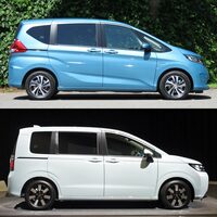 先代と新型のサイドビュー。　
	渕野「ご覧のとおり、Aピラーの角度自体は、先代からあまり変わっていないんですよ」　
	ほった「Dピラーの立ち具合もそうですが、Aピラーの取り付け位置とかルーフのピークとか、全体のプロポーションもあって、新型は『Aピラーが寝すぎに見える』感じがしますね」