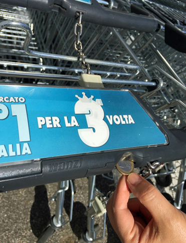 欧州では、スーパーマーケットのカートは、コインを入れて、ほかのカートもしくは係留ポールから固定チェーンを切り離す方式がほとんど。