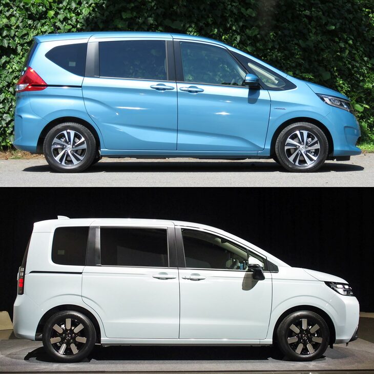 先代と新型のサイドビュー。　
	渕野「ご覧のとおり、Aピラーの角度自体は、先代からあまり変わっていないんですよ」　
	ほった「Dピラーの立ち具合もそうですが、Aピラーの取り付け位置とかルーフのピークとか、全体のプロポーションもあって、新型は『Aピラーが寝すぎに見える』感じがしますね」