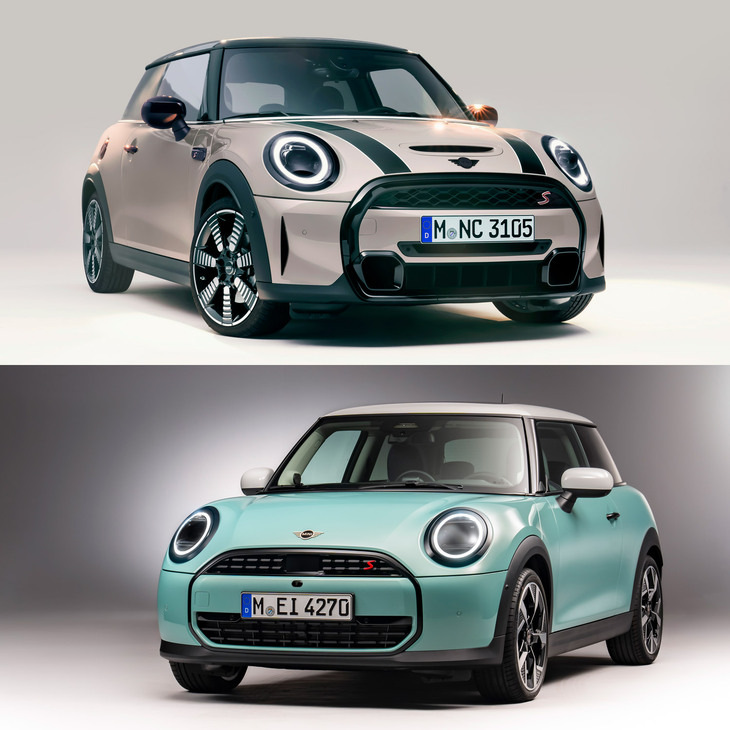 同じBMWグループの現行「MINI」も、エンジン車については中身も外見もほぼほぼキャリーオーバーのフルモデルチェンジ（？）となっていた。写真は、上が先代、下が現行型。