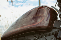 試乗車のカラーリング「トゥイステッドチェリー」ではやや分かりづらいが、ガソリンタンクには往年のレインボーパターンをほうふつとさせるペイントが施されている。