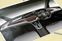 江口氏が見せてくれたデザインスケッチ。氏の言う“遠景”とは、インパネとドアトリムをつなぐライトグレーのオーナメントを、“中景”とは、その内側の黒いパネルの箇所を、“近景”とはドライバー側に傾けて備えられたセンタークラスターや、スイッチパネル類を指す。