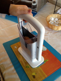 ボクの泊まった宿の朝食はセルフ。ベーグルの垂直スライス器は便利だが、どこかフランス革命のギロチンを思わせる。