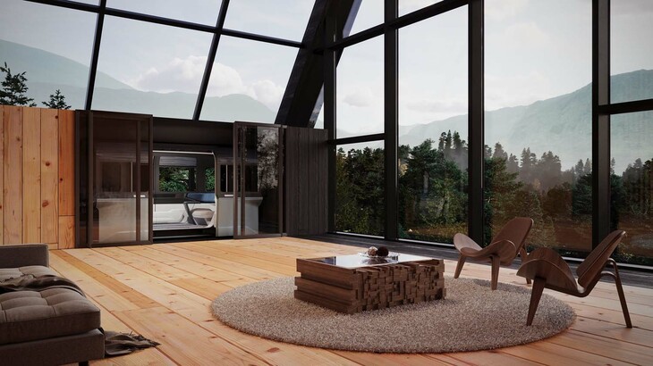 目的地内部、カプセルが別荘のフロアまで到達したところ。