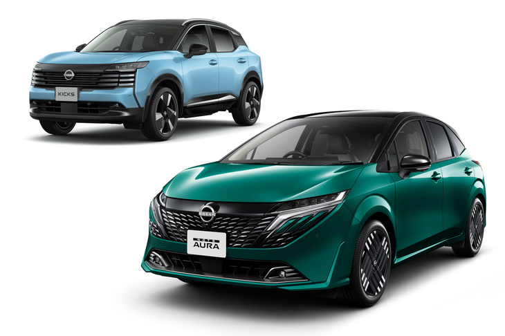 最近の日産デザインは、ボディーとの境目をあいまいに見せるグラデーショングリルにご執心。「ノート」や「ノート オーラ」（写真右下）に加え、新型「キックス」（同左上）もそれっぽい意匠となっている。
