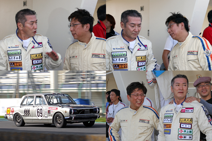 自身のタイムアタックを終了し、ステアリングを剣さんに託した桑島さんと内田さんがピットにて。左上から時計回りに、(1)「ウッチー（内田さんのこと）さあ、アンダーステアとロール、なんとかならない？」 (2)「ほとんどノーマルですからねえ。そこはなんとか腕でお願いしますよ」 (3)「ところで剣の走りはどうだ？」 (4)「先輩に負けないよう、頑張ってますよ～」 ※以上の会話は、すべて筆者の想像です。