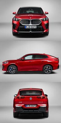 「X2」の3面図。BMWが擁するクーペSUV……バイエルン風にいうところのSAC 3兄弟の末弟にあたるモデルだ。でっかいキドニーグリルに、流麗……とはちょっと言えないサイドビュー、そして超肉厚なお尻がチャームポイント。