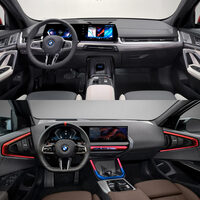 「BMW X2」（上）と、より世代の新しい「X3」（下）のインストゥルメントパネルまわり。クリスタルとイルミネーションがきらめくインテリアは、今後BMWの各車種に展開されていく……のだろうか？