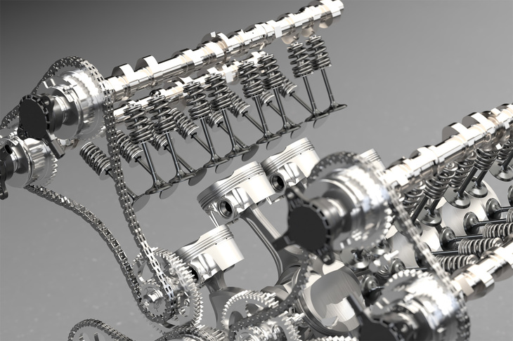 中空の吸気バルブやカムシャフトを用いて軽量に仕上げられた「MHP-8」の内部。エンジンの単体重量は、従来型となる「M840T」よりも10kg軽いとアナウンスされている。