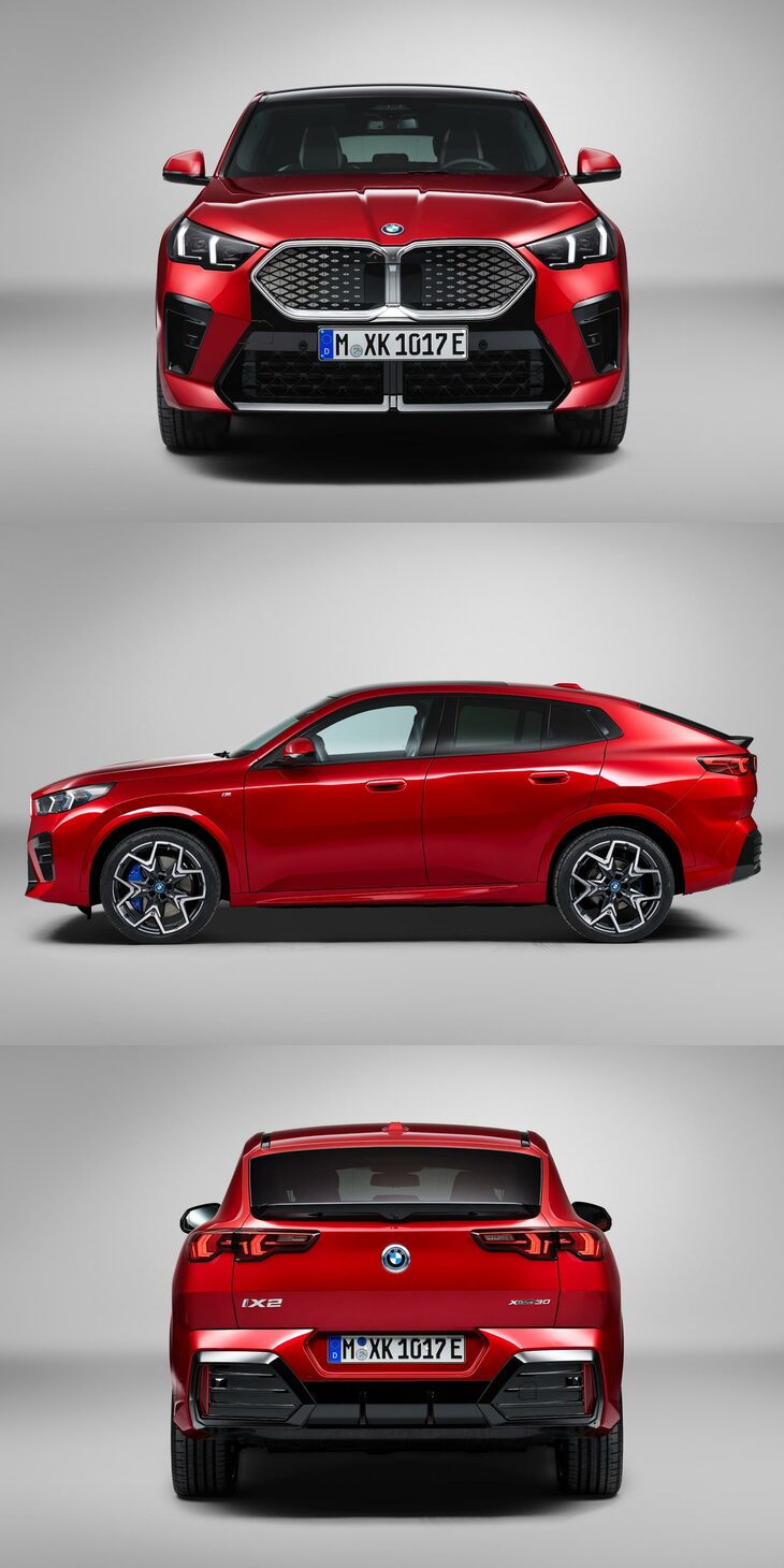 「X2」の3面図。BMWが擁するクーペSUV……バイエルン風にいうところのSAC 3兄弟の末弟にあたるモデルだ。でっかいキドニーグリルに、流麗……とはちょっと言えないサイドビュー、そして超肉厚なお尻がチャームポイント。