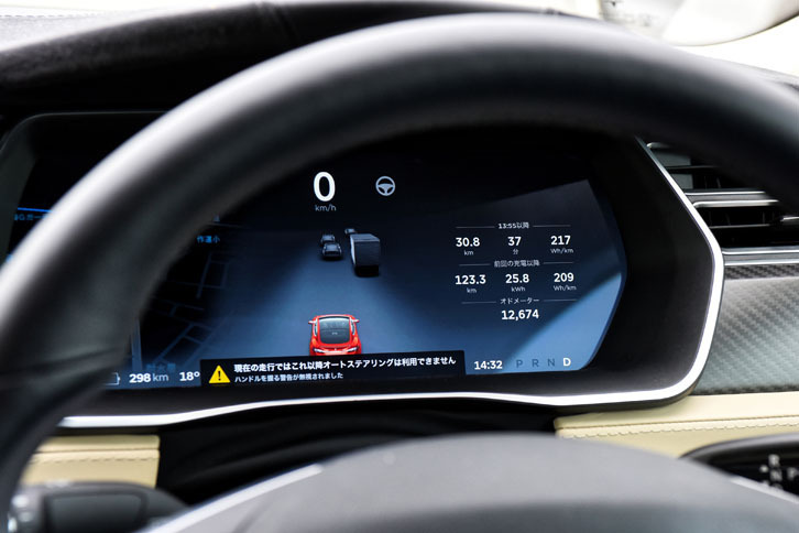 警告が出ているにもかかわらず、ステアリングホイールから手を離し続けると、「現在の走行ではこれ以降オートステアリングは利用できません。ハンドルを握る警告が無視されました」と表示され、最終的には停止する。