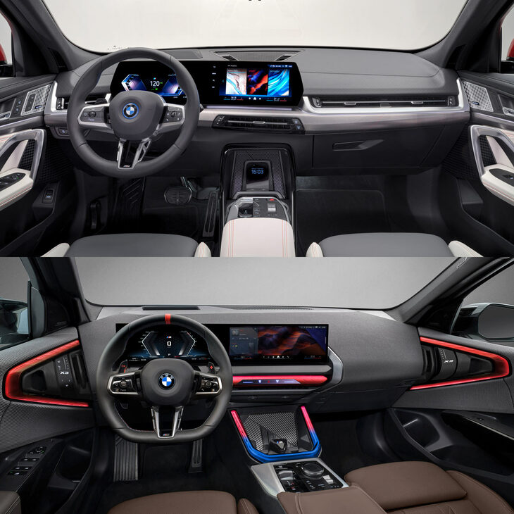 「BMW X2」（上）と、より世代の新しい「X3」（下）のインストゥルメントパネルまわり。クリスタルとイルミネーションがきらめくインテリアは、今後BMWの各車種に展開されていく……のだろうか？
