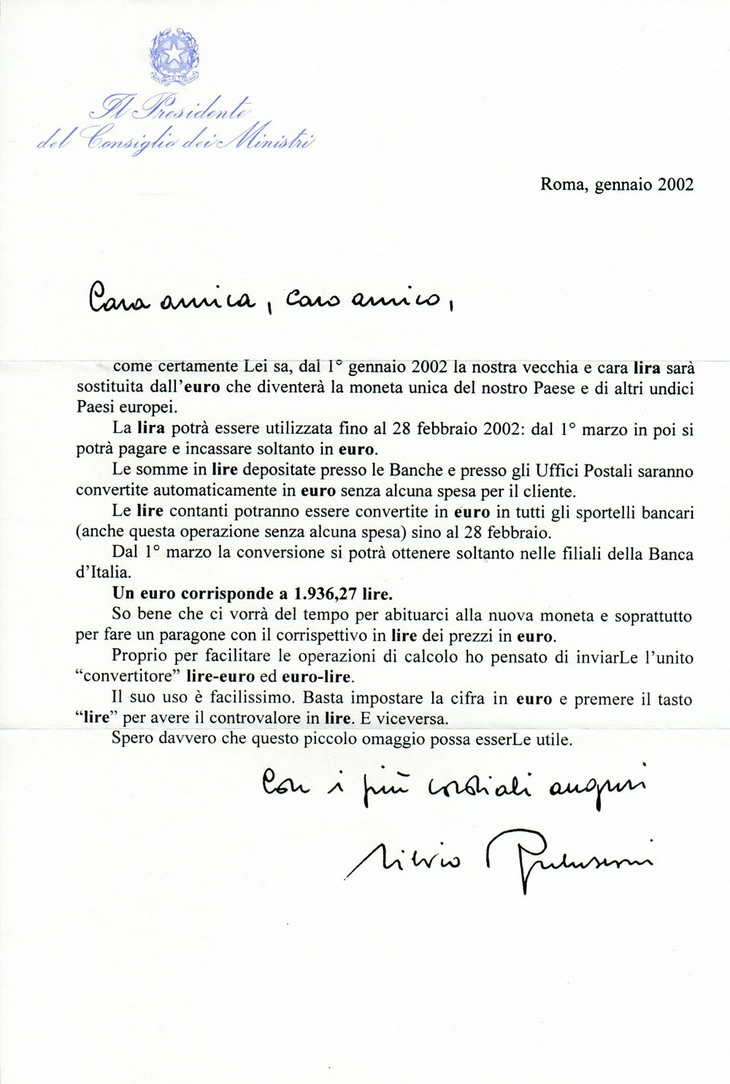 「扱い方は極めて簡単です」といった説明のあと、文末にはベルススコーニの自筆メッセージとサインが印刷されていた。