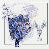 「アルトワークス」のエンジン。「ツインカム12RS」用の直3 DOHC 12バルブ543ccに「ターボS／SX」用のインタークーラーターボを加え、最高出力64ps/7500rpm、最大トルク7.3kgm/4000rpmを発生した。ノンターボに比して出力は5割以上、トルクは実に7割以上も増強されたことになる。
    