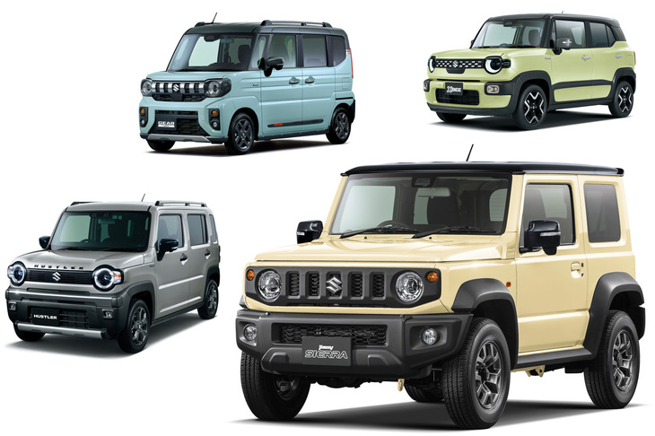 今日のスズキでは、人気モデル「ジムニー」の顔まわりの意匠を、他のモデルにも展開。いずれの車種も、横長のラジエーターグリルと丸目のヘッドランプが一体となった顔まわりをしている。