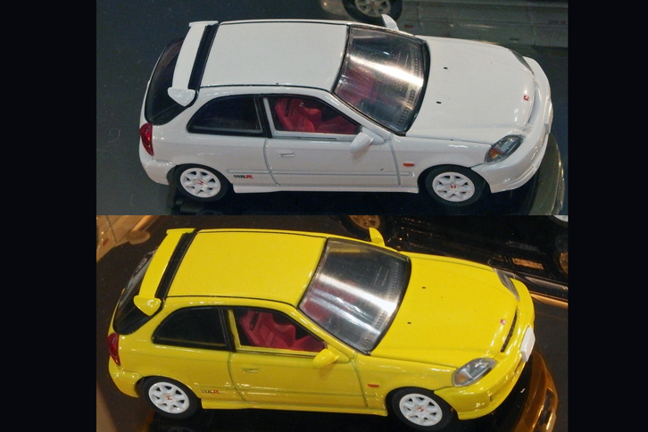 トミカリミテッドヴィンテージNEOの型式名EK9こと「ホンダ・シビック タイプR」。前期型（1997年／写真上）と後期型（1999年／下）があり、価格・発売時期ともに未定。