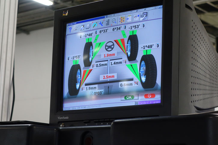 高精度アライメントテスターの実際の運用画面。右前輪と左後輪のトー角が狂っていることが確認できる。