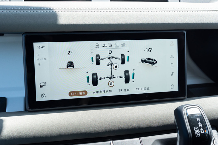 センターディスプレイではドライブトレインの制御状態も確認が可能。システムが自動でデフロックなどを操る様には、何度見ても脱帽してしまう。