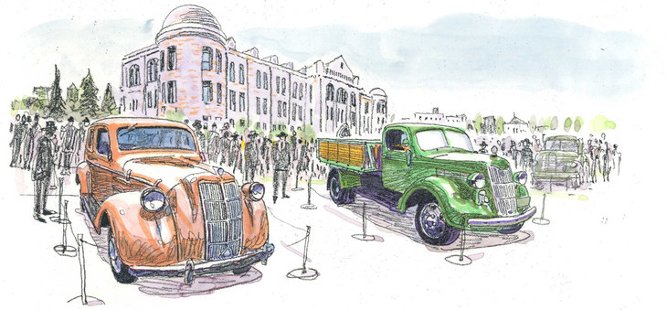 月間生産台数が100台を超えた1936年9月、豊田自動織機製作所は14～16日の3日間にわたり東京・丸の内の東京府商工奨励館で「国産トヨダ大衆車完成記念展覧会」を開催。15台の車両を展示した。