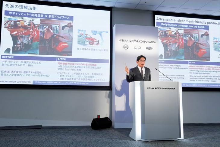  2019年11月28日に行われた「ニッサン インテリジェント ファクトリー」の説明会の様子。このときはまだ、新たな生産技術・生産設備導入の目的にカーボンニュートラルは含まれていなかった。