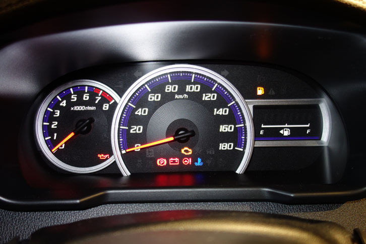 「トールカスタム」のメーターパネル。左のタコメーターは6500rpmからがレッドゾーン。