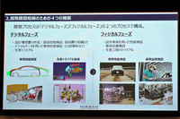 日産の説明会の資料から。製品の企画・設計を行う「デジタルフェーズ」では、競合を意識した全方位的な性能追求ではなく、ユーザーへの“売り”を際立たせた目標設定をすることが重要になるとのこと。一方、実際にモノや型をつくる「フィジカルフェーズ」においては、AI技術やDX（デジタルトランスフォーメーション）を駆使して車両実験の効率化を図っていくという。
