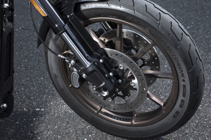 マットダークブロンズのアルミホイールもベーシックな「ローライダー」との違い。タイヤサイズは前が110/90B19、後ろが180/70B16である。