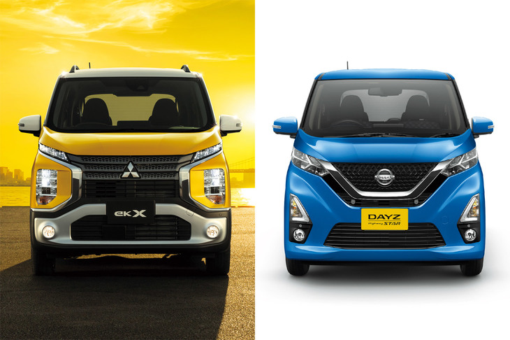 「三菱eKクロス」（左）と「日産デイズ ハイウェイスター」（右）のフロントマスク。
