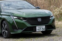 フロントグリルとヘッドランプをシームレスにつないだ新世代プジョーのフロントマスク。ブランドエンブレムもライオンの頭部のみをレイアウトした最新デザインだ。