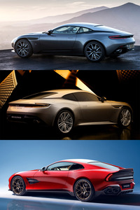 上から「DB11」「DB12」と新型「ヴァンキッシュ」。DB11では車体下部に張り出しがなく、そのまま内側に収束していたのに対し（ボディーと別色の小さなスカートは付いていた）、DB12やヴァンキッシュでは、ボディーの張り出しやサイドスカートが主張している。