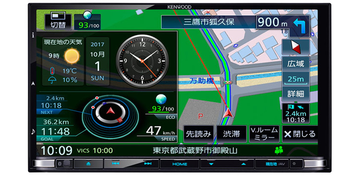 2DINタイプの「MDV-Z905」。「マルチINFOウィンドウ」は地図画面と同時にアナログ時計などさまざまな情報を表示できる。